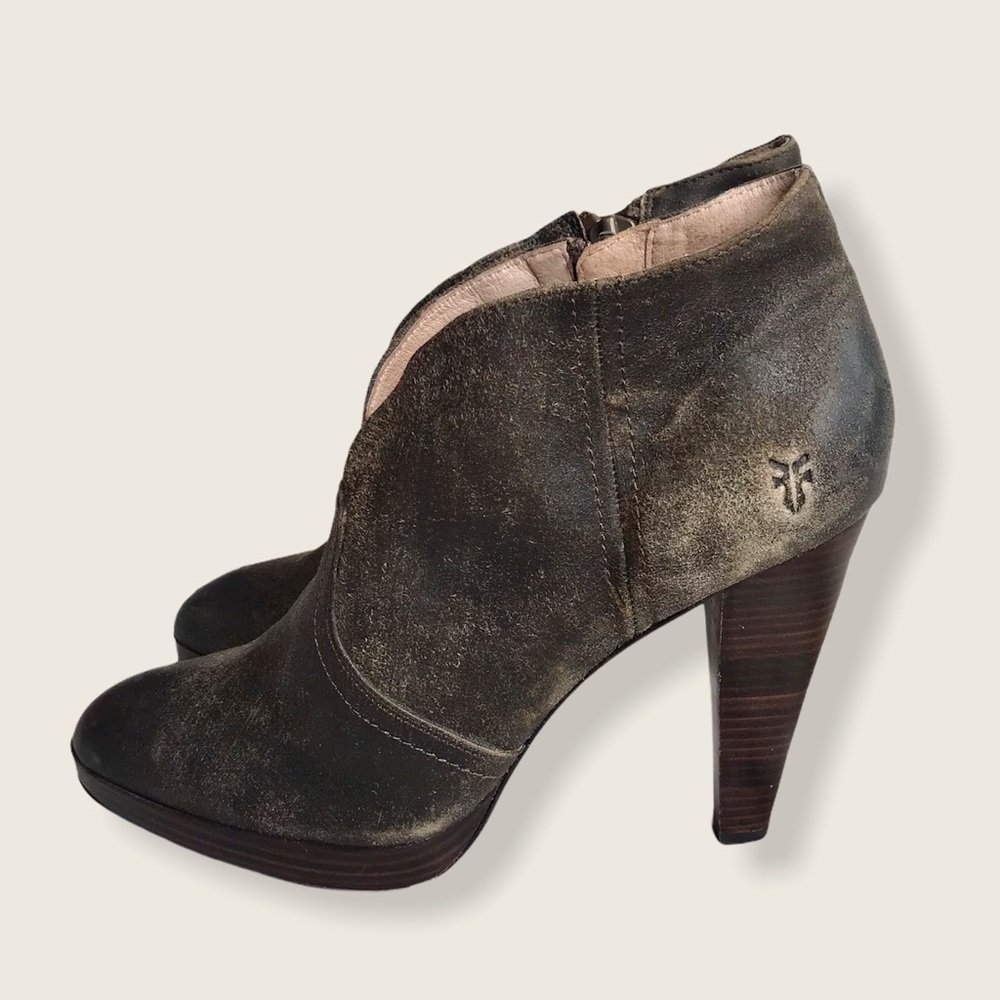 Frye Harlow Campus Tan Suede Heeled Ankle Booties - Picture 12 of 14